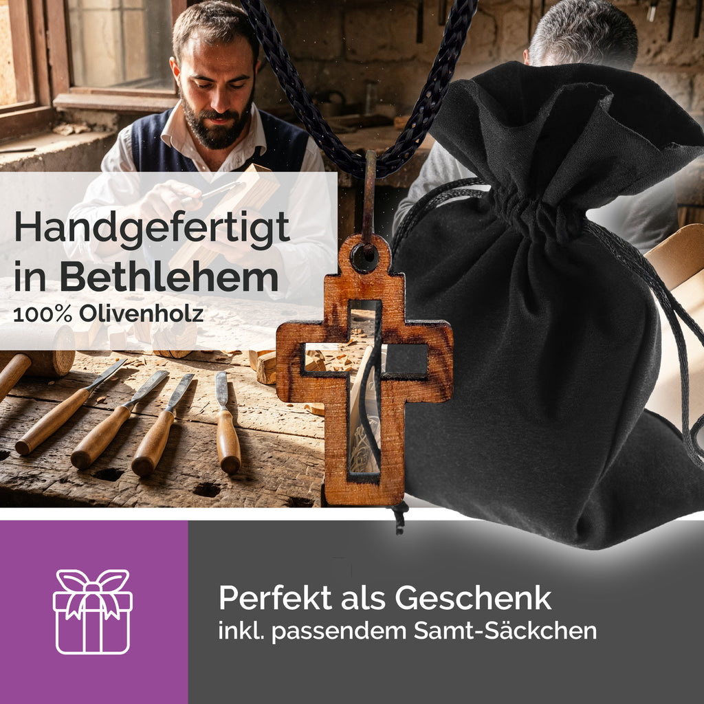 Handarbeit kleiner Kreuzanhänger Olivenholz Bethlehem gesegnet mit Zertifikat und Samtbeutel