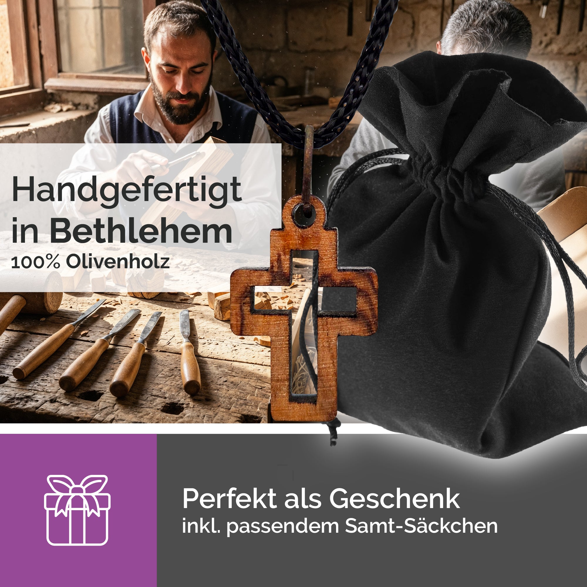 Handarbeit kleiner Kreuzanhänger Olivenholz Bethlehem gesegnet mit Zertifikat und Samtbeutel
