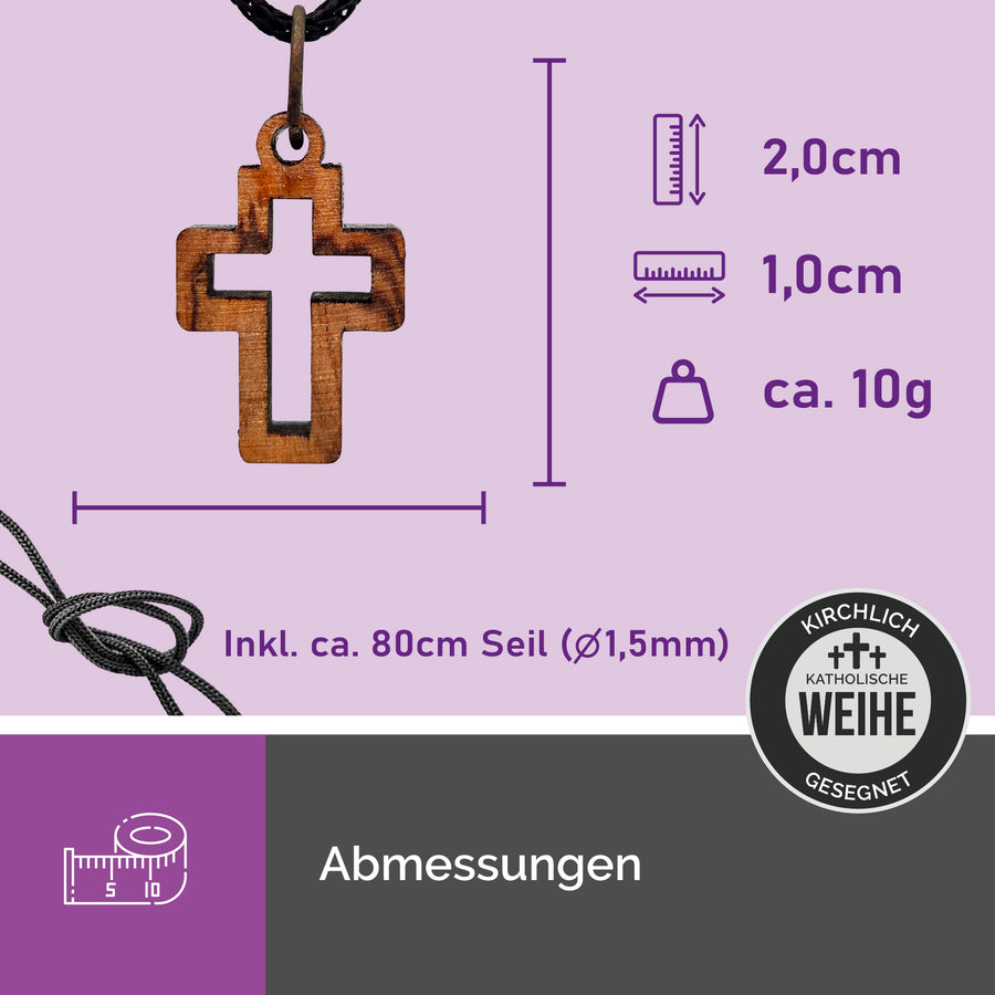 Dimensions du petit pendentif croix en bois d'olivier de Bethléem, env. 2 × 1 cm, avec cordon
