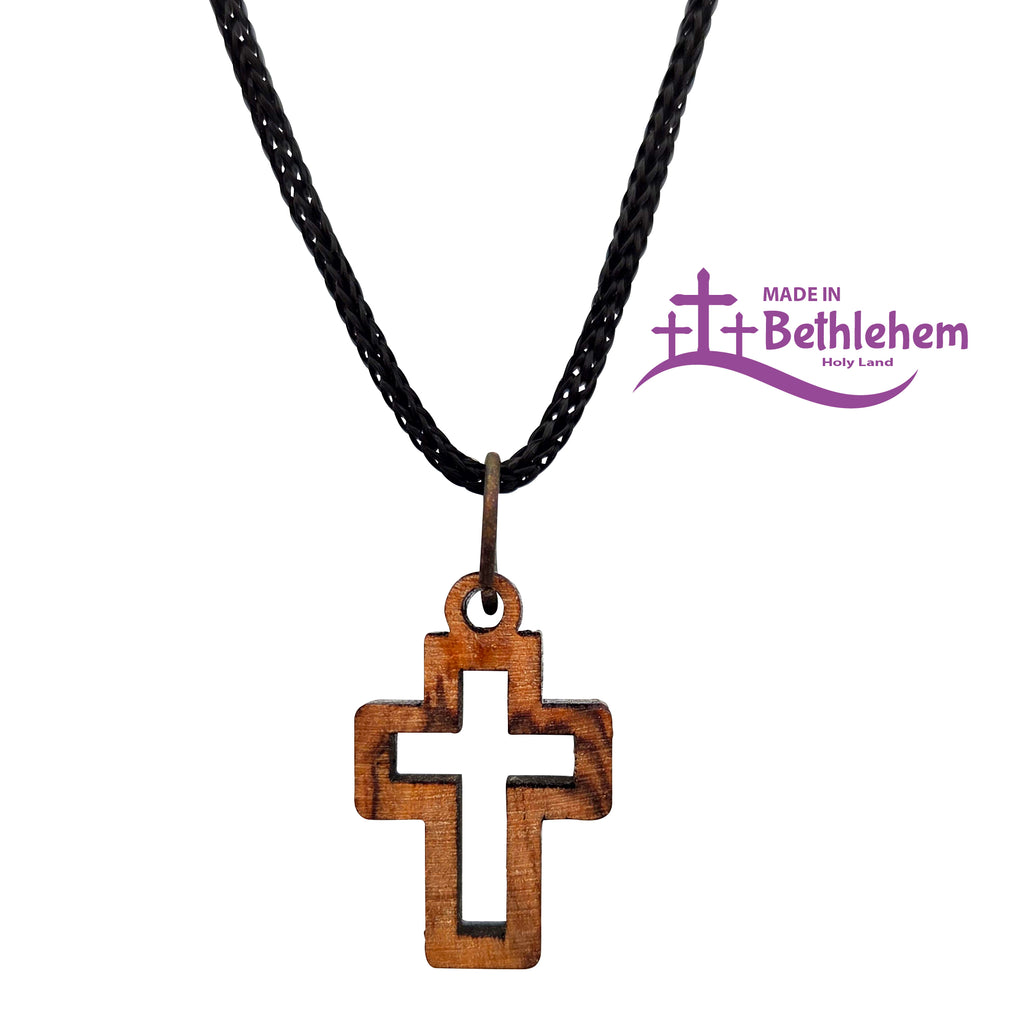 Kleiner Kreuzanhänger aus Olivenholz Bethlehem mit schwarzem Band und Zertifikat