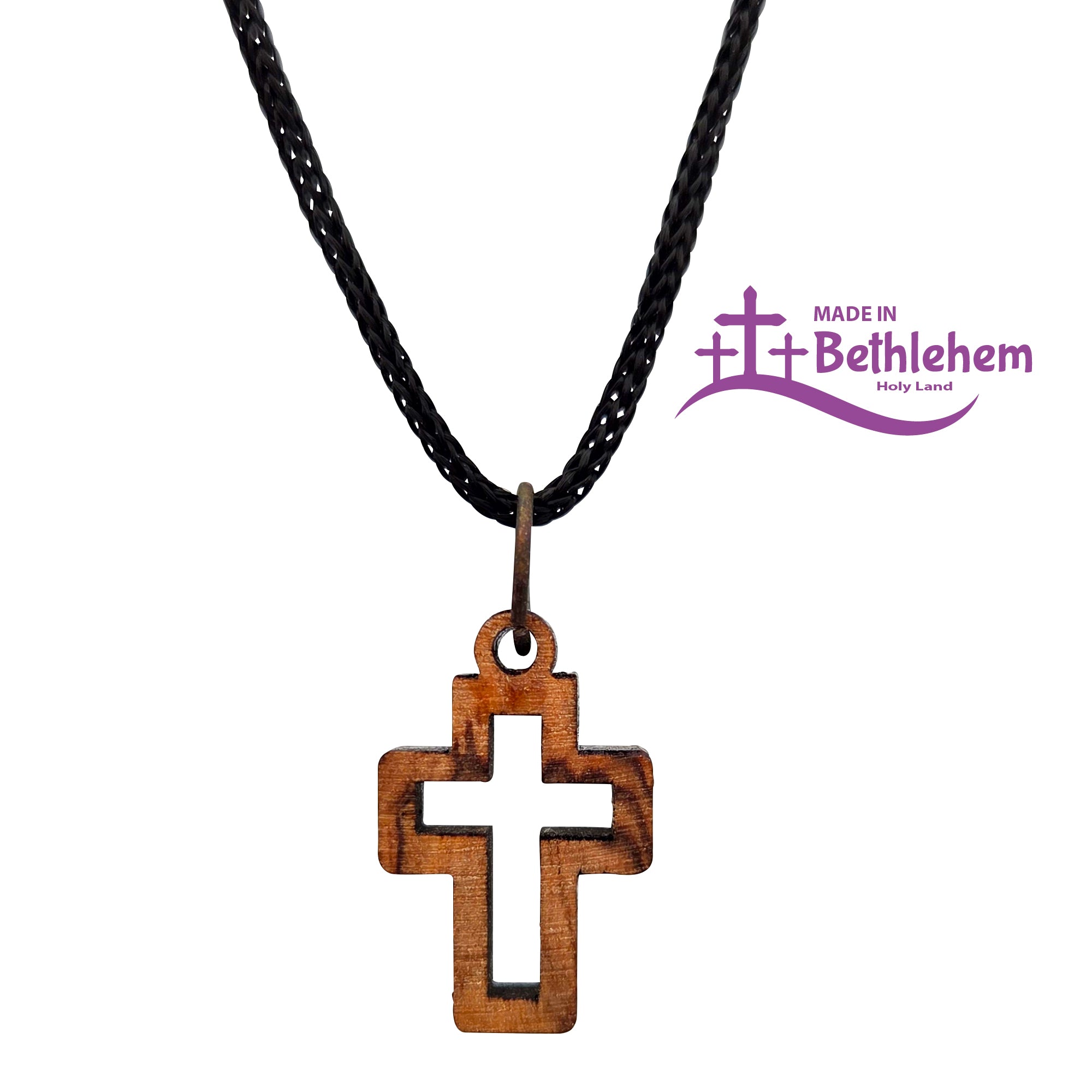 Kleiner Kreuzanhänger aus Olivenholz Bethlehem mit schwarzem Band und Zertifikat