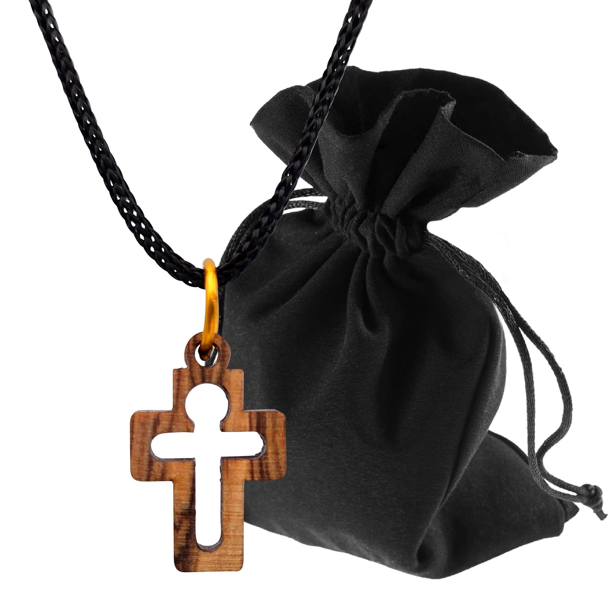 Small Cross Pendant with Figure of Christ, Olive Wood Bethlehem, with Velvet Pouch – product view