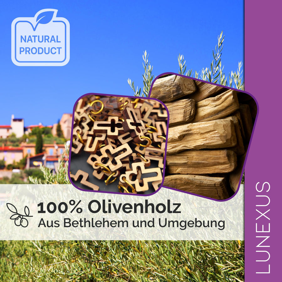 Colgante de cruz pequeño con figura de Cristo, madera de olivo de Belén, con bolsita de terciopelo – vista 7