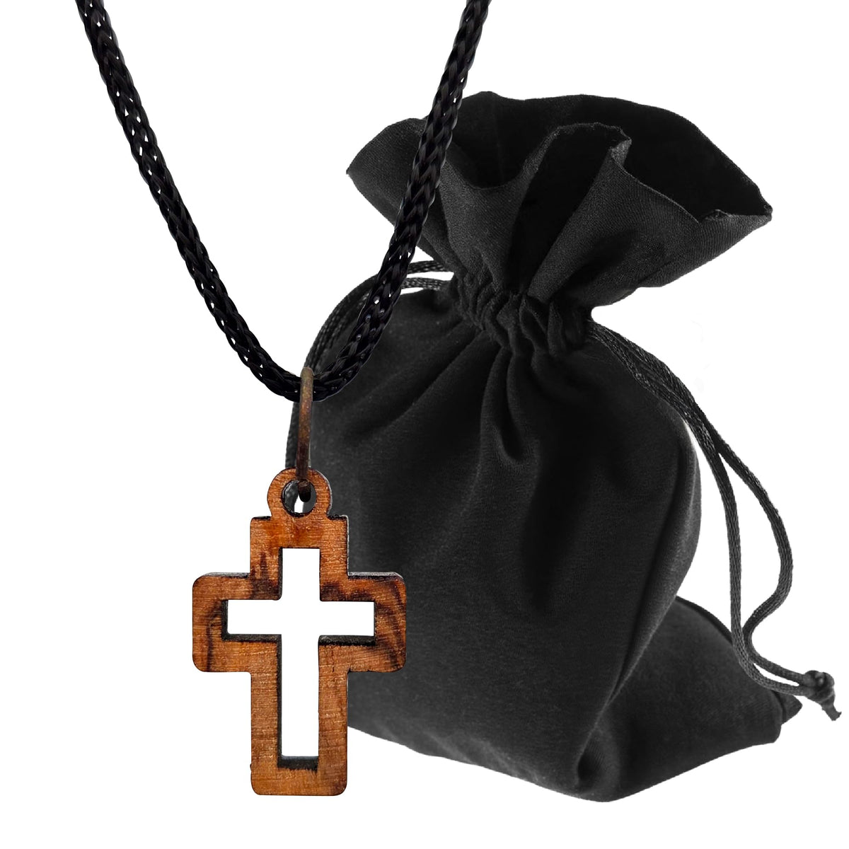 Small Cross Pendant Olive Wood Bethlehem with Cord and Velvet Pouch – product view