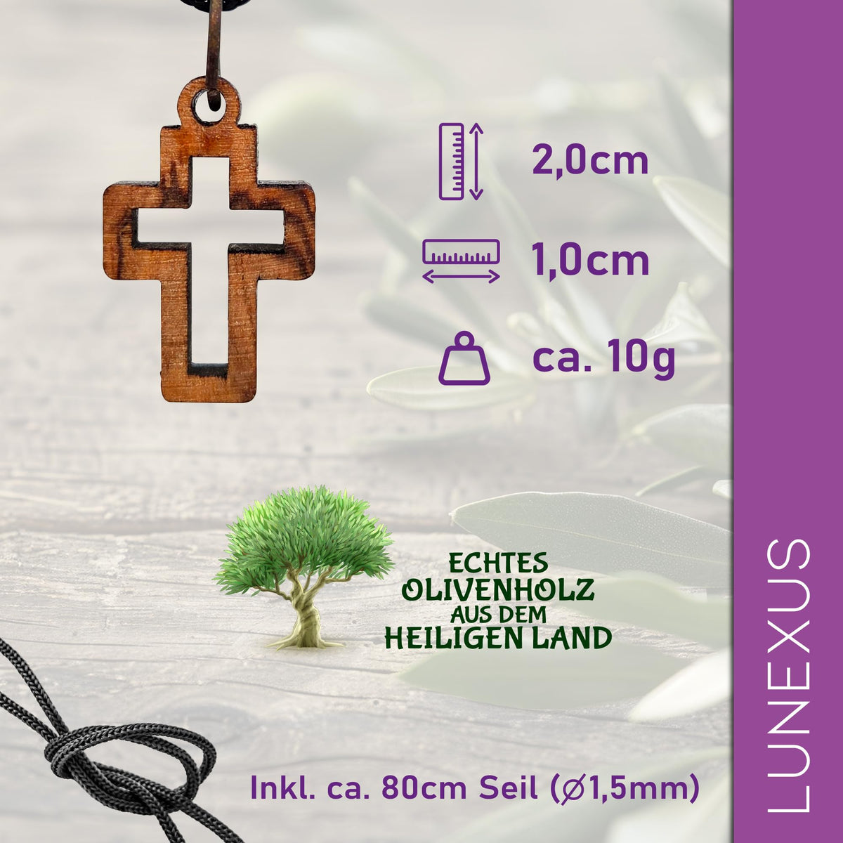 Small Cross Pendant Olive Wood Bethlehem with Cord and Velvet Pouch – view 2