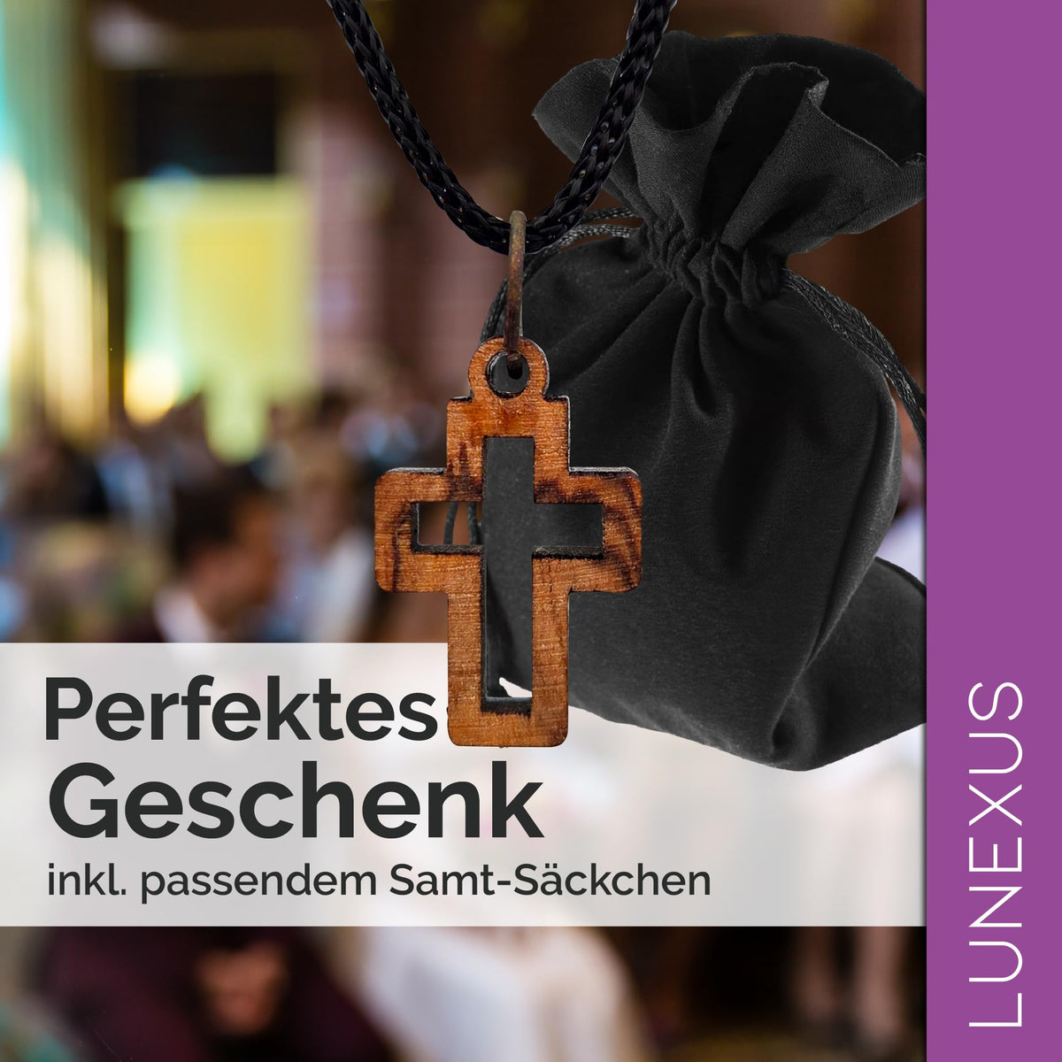 Small Cross Pendant Olive Wood Bethlehem with Cord and Velvet Pouch – view 4