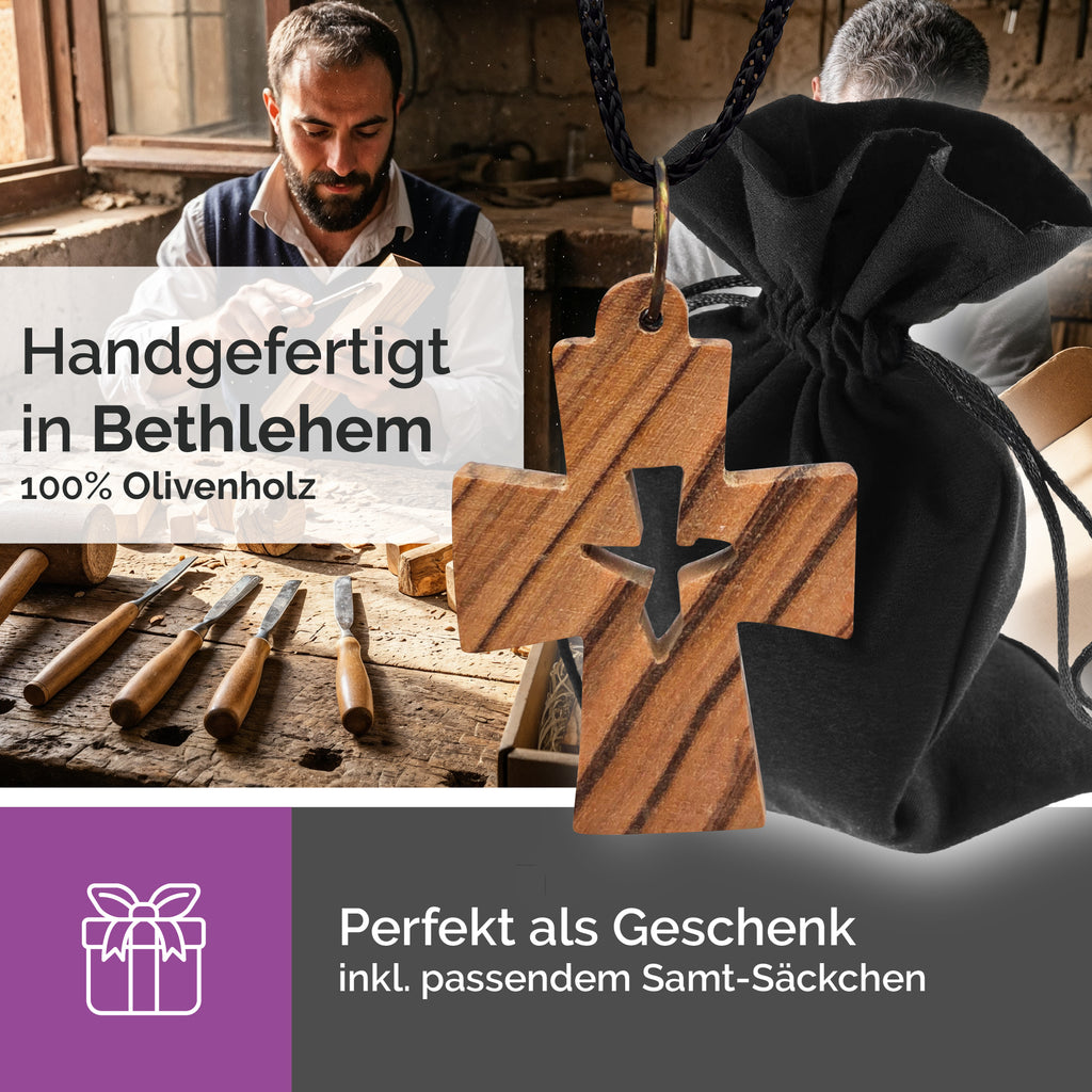 handarbeit bethlehem olivenholz kreuz anhänger mit taube gesegnet