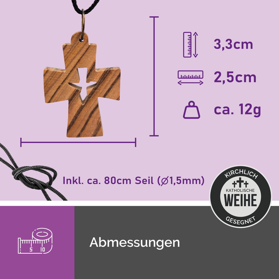 Dimensions du pendentif croix en bois d'olivier, collier avec colombe, Bethléem