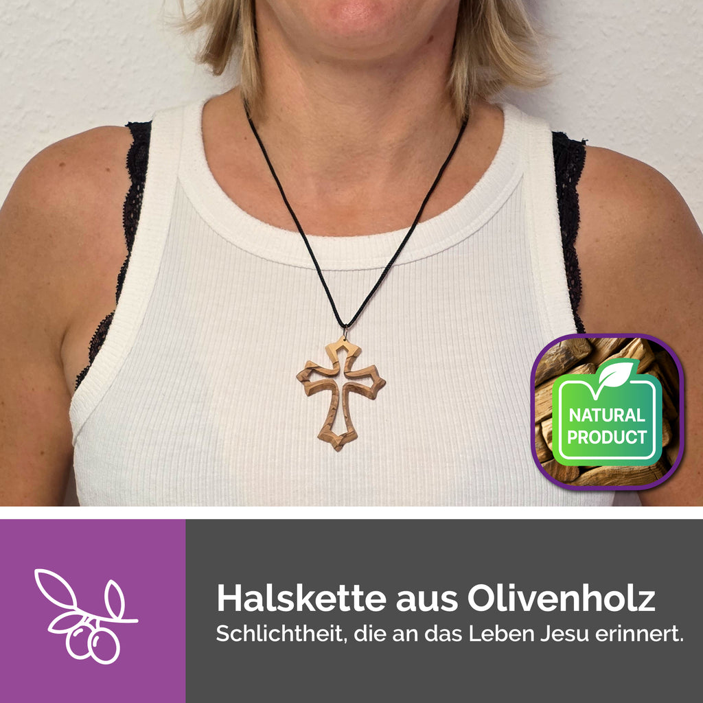 Gesegnetes Olivenholz Kreuzanhänger Bethlehem getragen als Halskette Geschenk