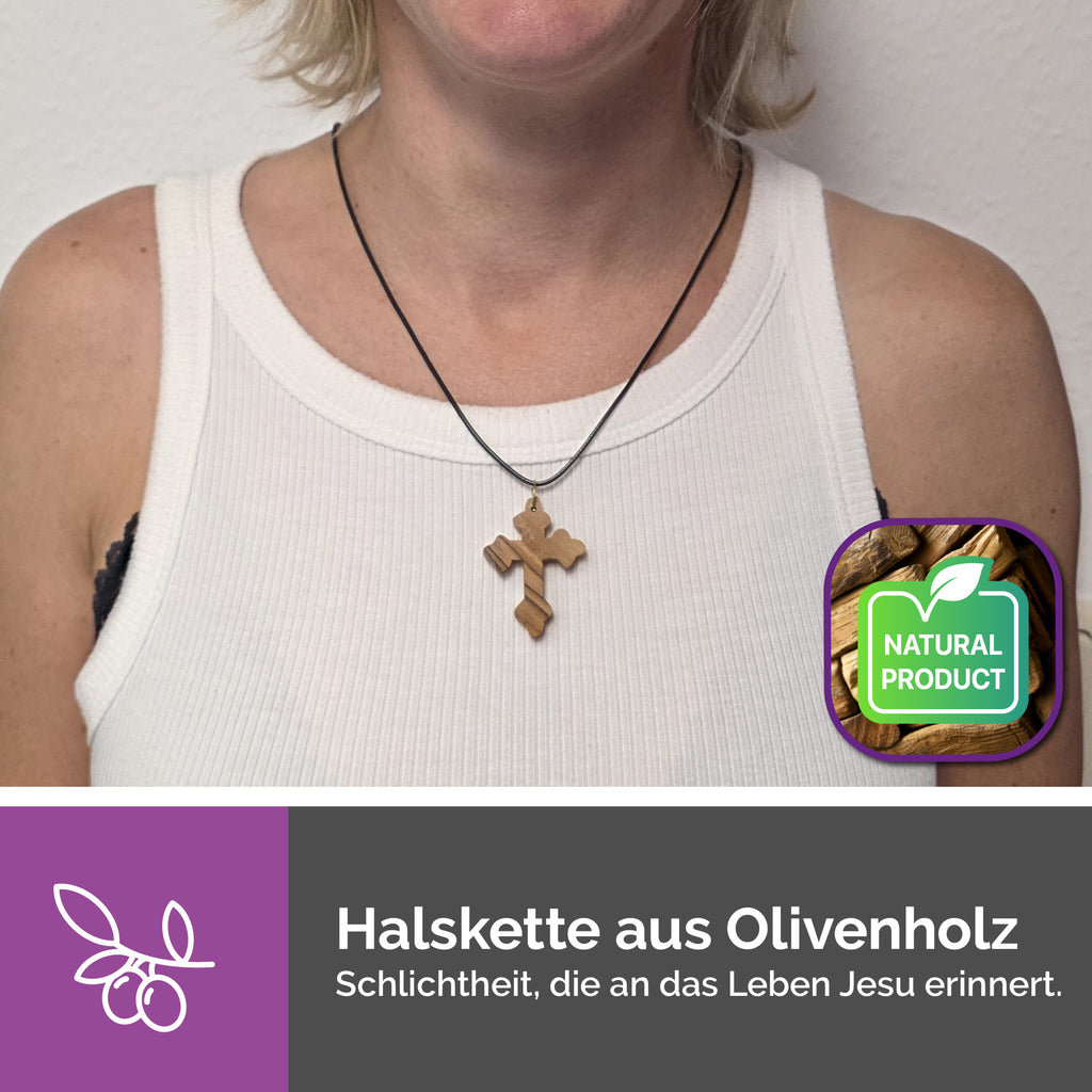 Byzantinischer Olivenholz Kreuzanhänger Bethlehem getragen als Halskette religiöses Geschenk