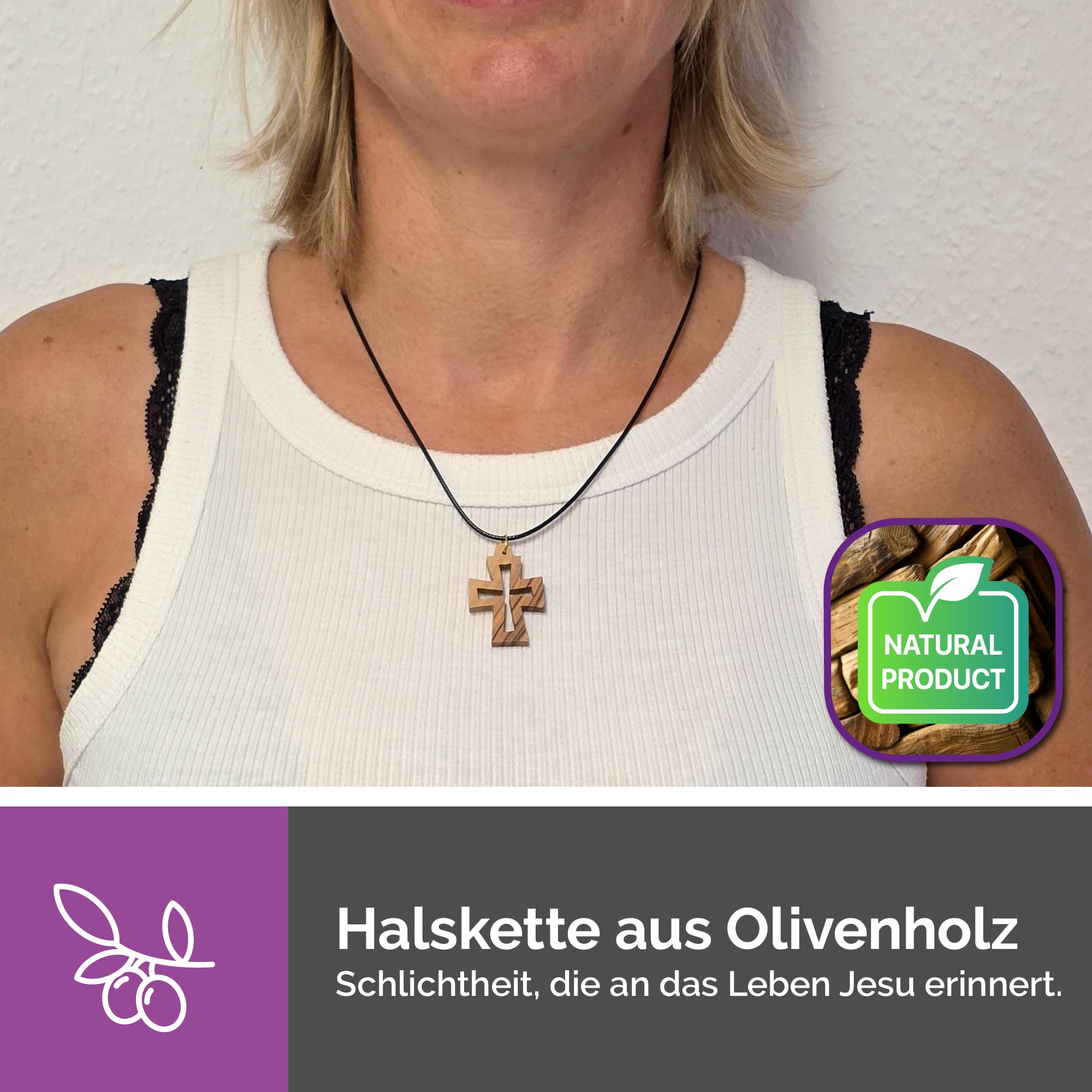 Kreuzanhänger Olivenholz Bethlehem byzantinisches Design getragen als Halskette Geschenk