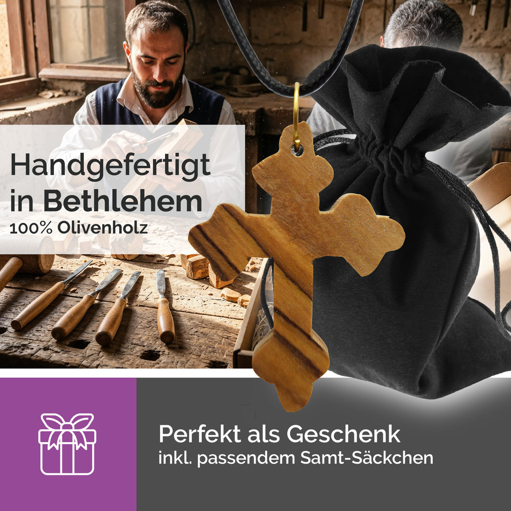 Handarbeit byzantinischer Kreuzanhänger Olivenholz Bethlehem gesegnet mit Zertifikat und Samtbeutel