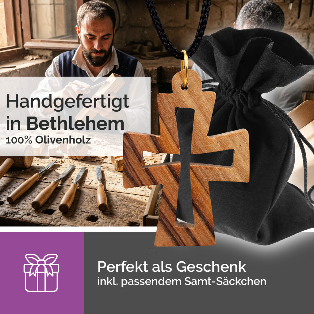 Handarbeit Kreuzanhänger Olivenholz Bethlehem byzantinisches Kreuz gesegnet mit Zertifikat