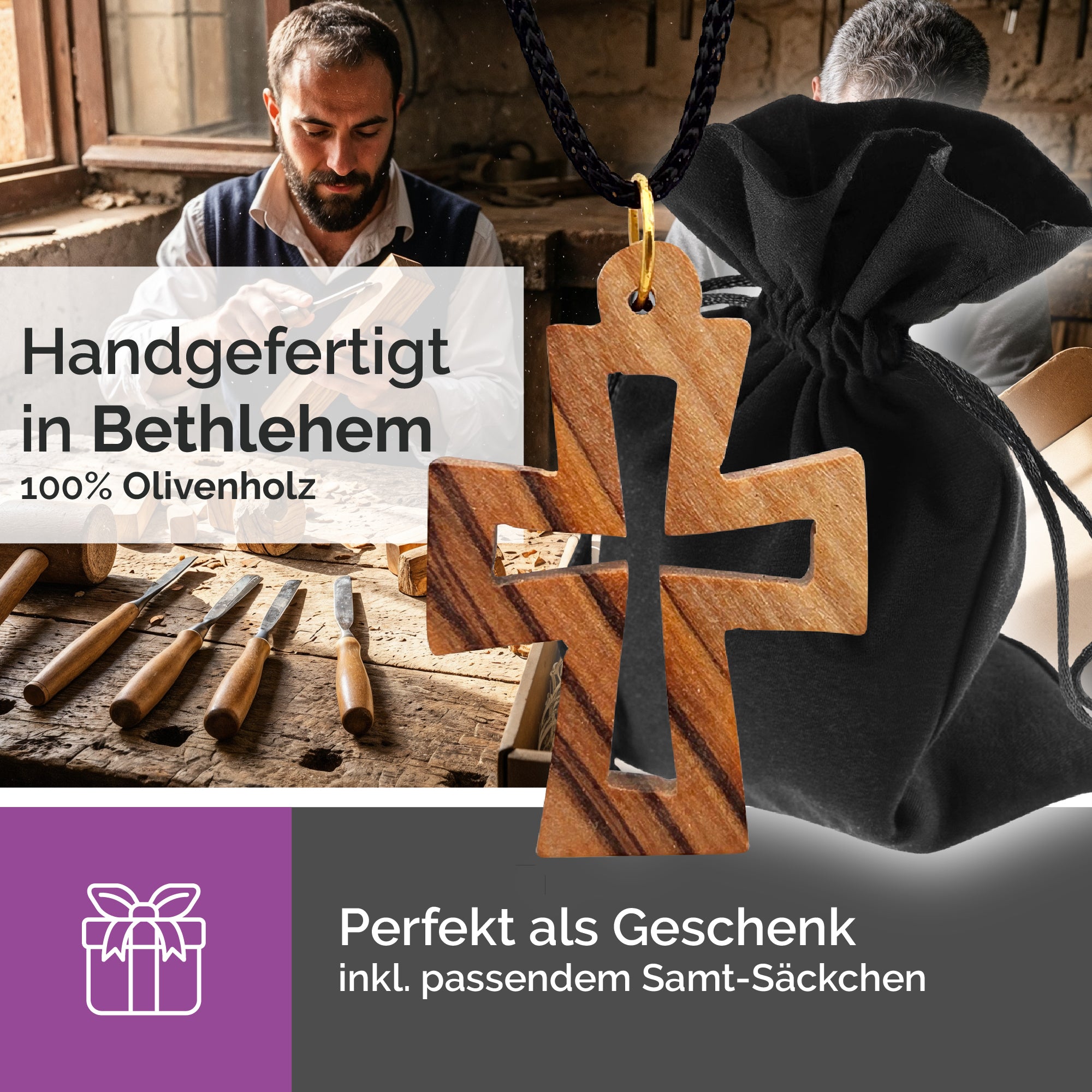 Handarbeit Kreuzanhänger Olivenholz Bethlehem byzantinisches Kreuz gesegnet mit Zertifikat