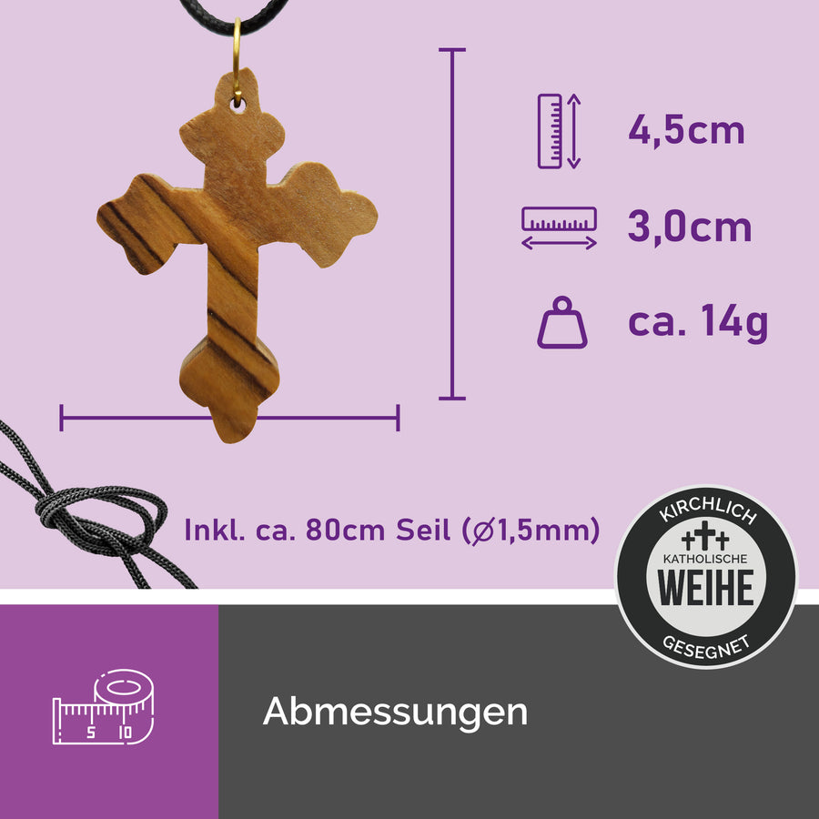 Dimensions du pendentif croix byzantine en bois d'olivier de Bethléem, env. 4,5 × 3,0 cm, avec cordon