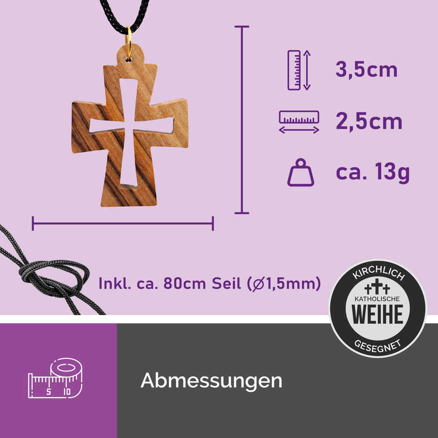 Dimensions du pendentif croix byzantine en bois d'olivier de Bethléem, env. 3,5 × 2,5 cm, avec cordon