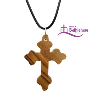 Byzantinischer Olivenholz Kreuzanhänger aus Bethlehem mit Samtbeutel