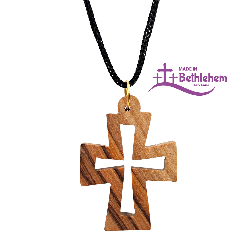 Kreuzanhänger Olivenholz Bethlehem byzantinisches Design handgefertigt gesegnet