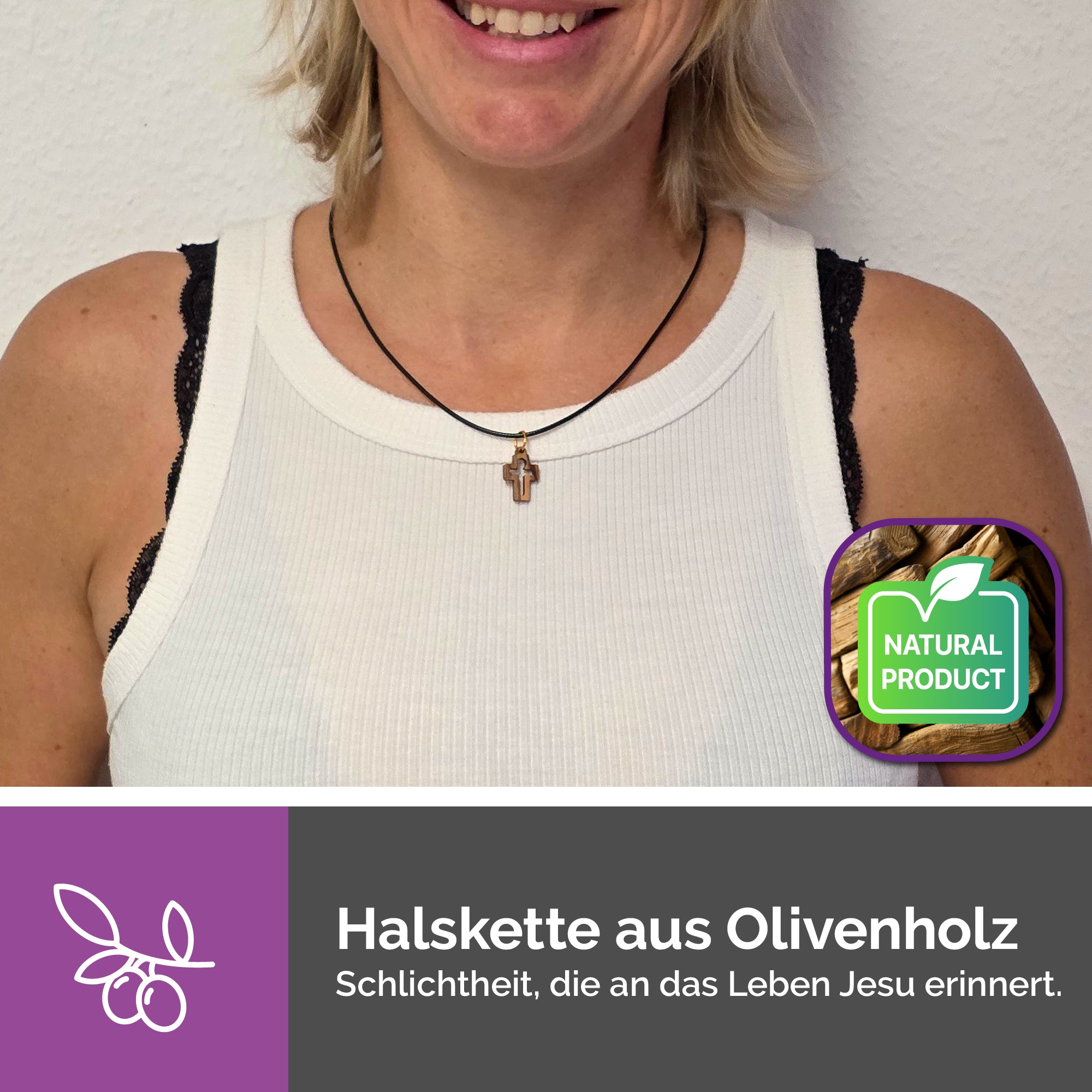 Kreuzanhänger Olivenholz Bethlehem Christusfigur getragen als Halskette religiöses Geschenk