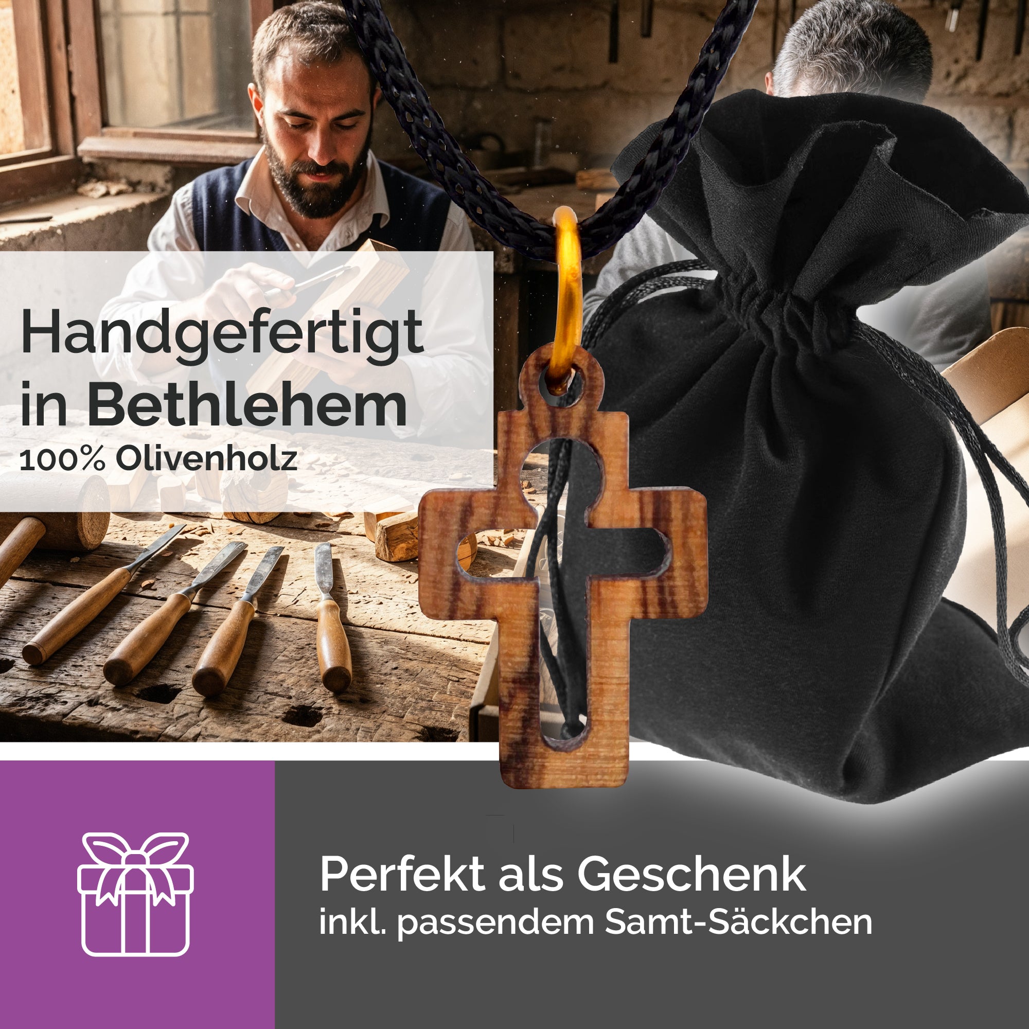 Handarbeit Kreuzanhänger Olivenholz Bethlehem Christusfigur gesegnet mit Zertifikat und Samtbeutel
