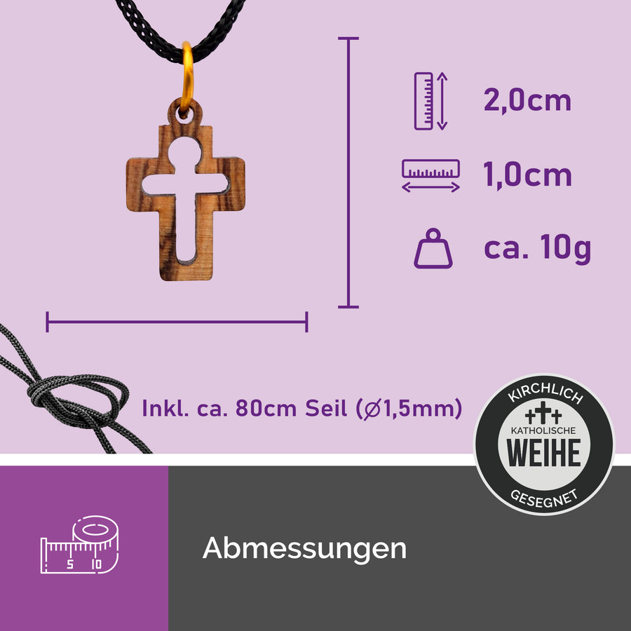 Dimensions du pendentif croix en bois d'olivier de Bethléem avec figure du Christ, env. 2 × 1 cm, avec cordon