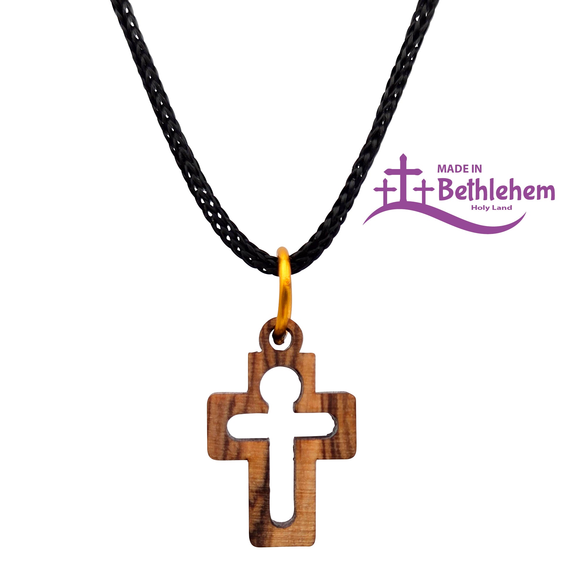 Kreuzanhänger Olivenholz Bethlehem mit Christusfigur im Durchbruch Design gesegnet