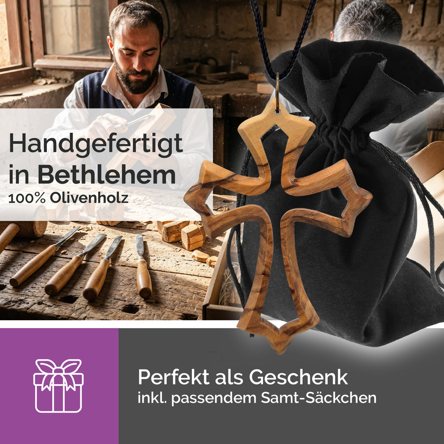 Pendentif croix fait main en bois d'olivier de Bethléem, avec bénédiction et pochette en velours