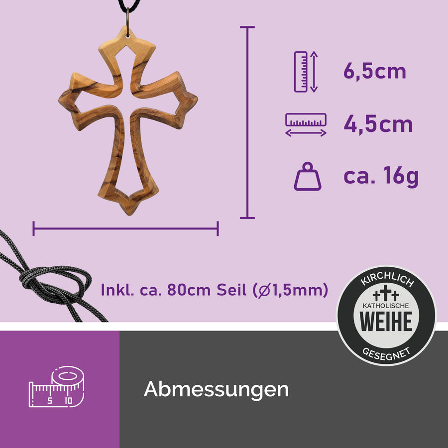Dimensions du pendentif croix en bois d'olivier de Bethléem, env. 6,5 × 4,5 cm, avec cordon