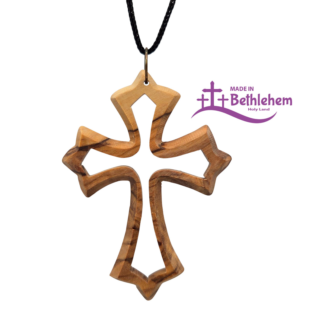Kreuzanhänger aus Olivenholz aus Bethlehem mit schwarzem Band und Zertifikat