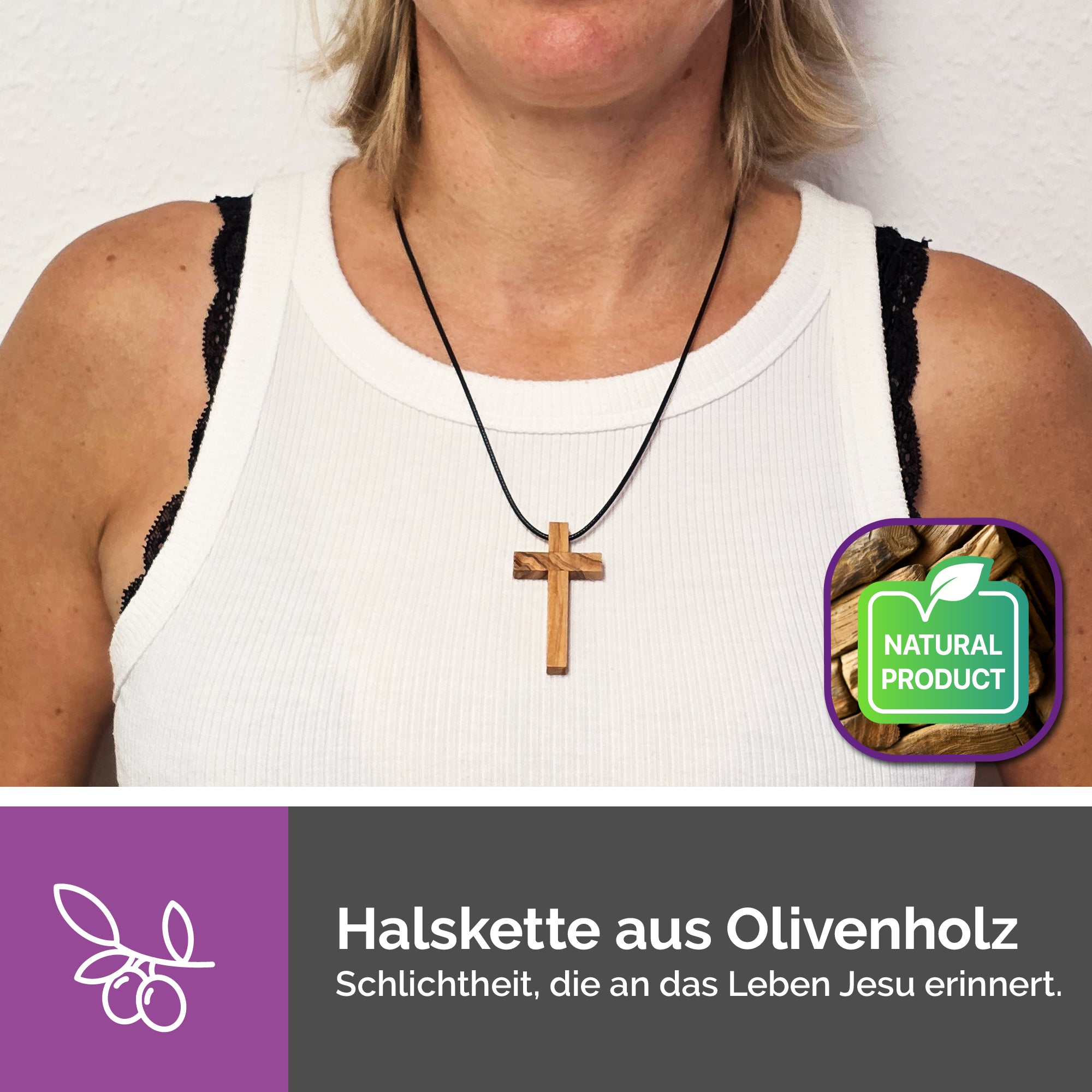 Schlichter Kreuzanhänger Olivenholz Bethlehem getragen als Halskette religiöses Geschenk