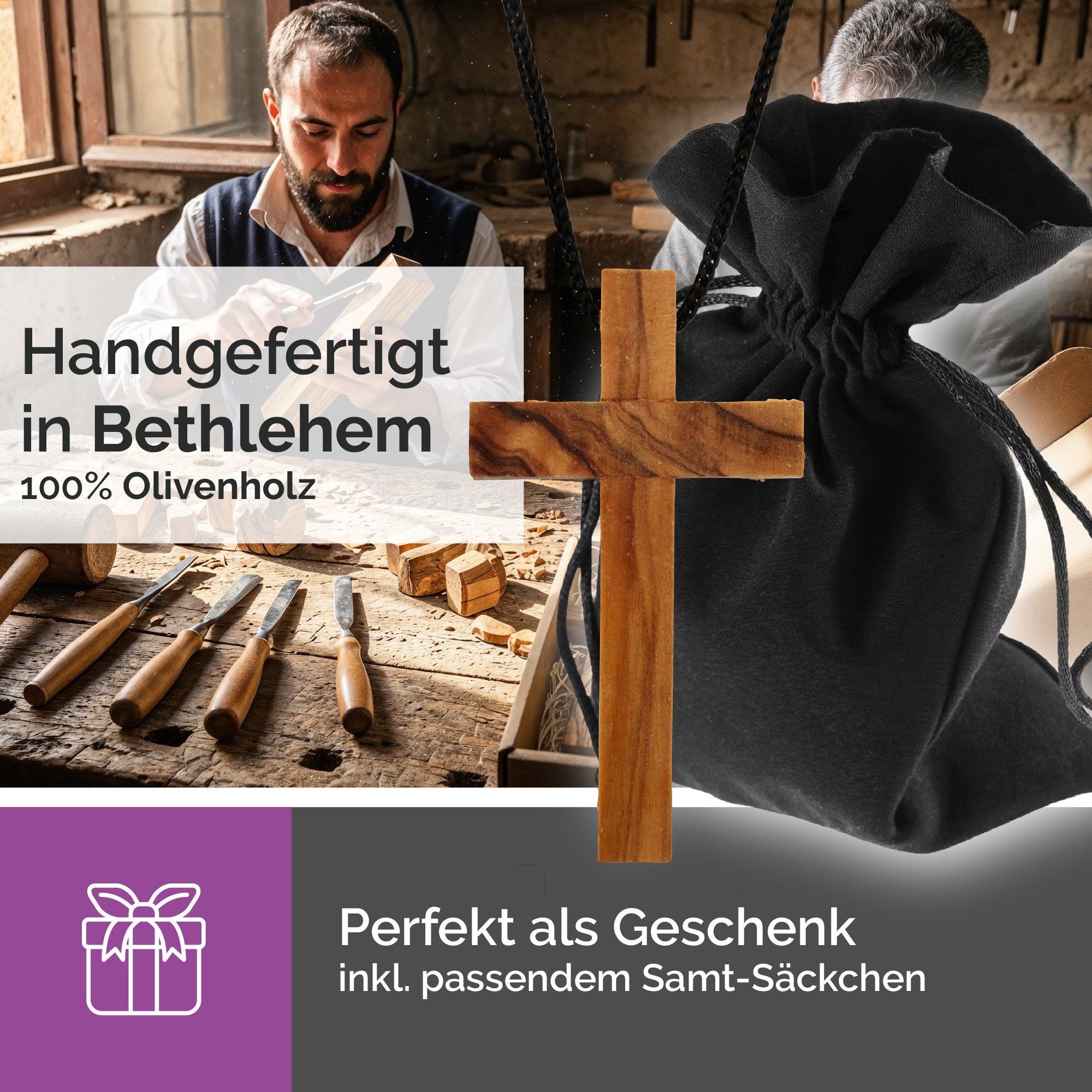 Handarbeit Kreuzanhänger schlicht Olivenholz Bethlehem gesegnet mit Zertifikat und Samtbeutel