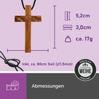 Maße Kreuzanhänger schlicht Olivenholz Bethlehem ca 5,2x3,0 cm mit Band