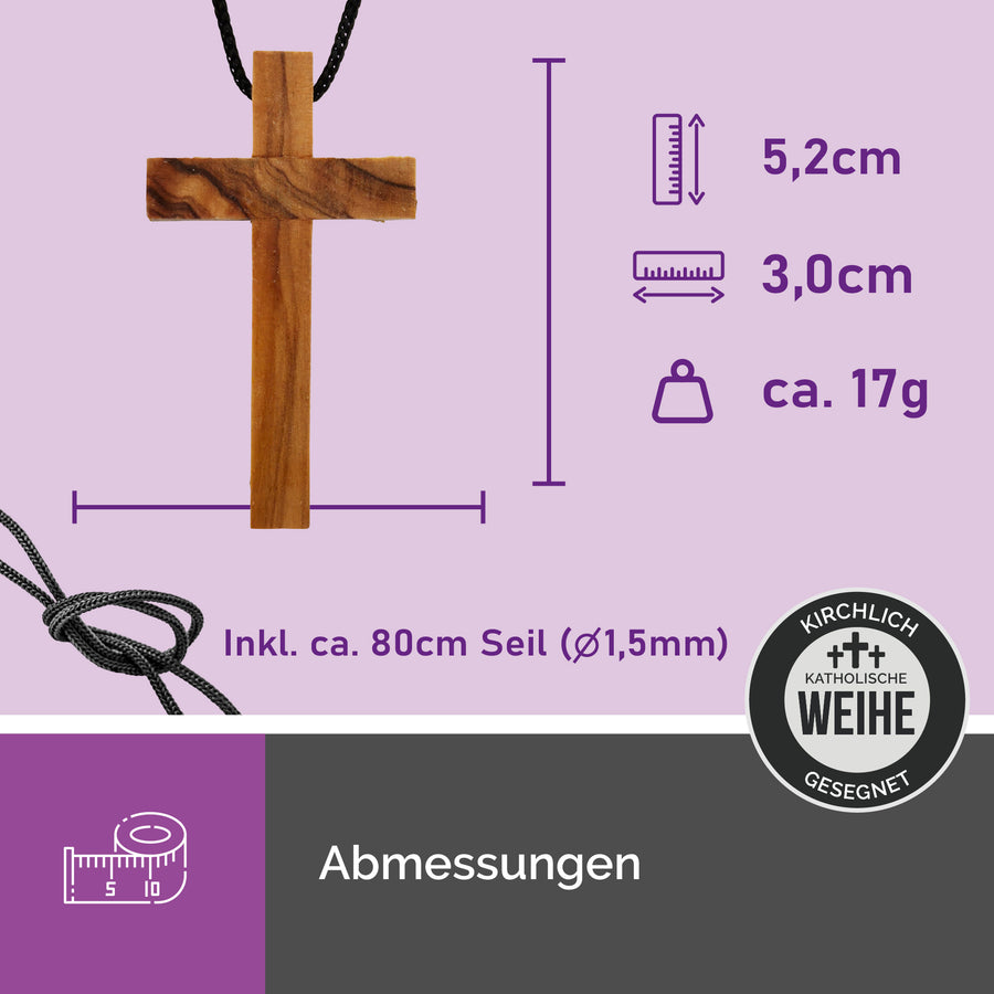 Dimensions du pendentif croix sobre en bois d'olivier de Bethléem, env. 5,2 × 3,0 cm, avec cordon