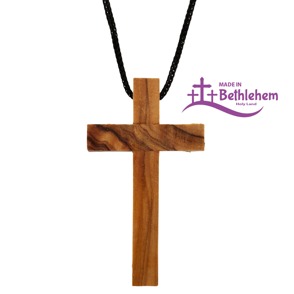 Schlichter Kreuzanhänger aus Olivenholz Bethlehem mit schwarzem Band und Zertifikat