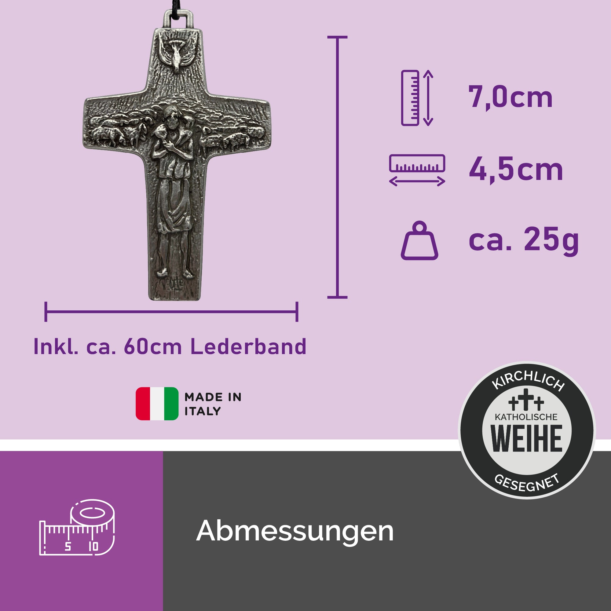 Silberfarbener Kreuzanhänger mit Hirtenmotiv und Taube, dargestellt mit Maßangaben 7×4,5 cm