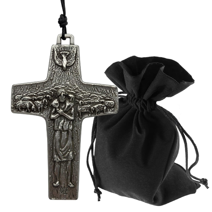 Cross Pendant Shepherd with Sheep and Dove, Metal, with Leather Cord and Pouch – product view