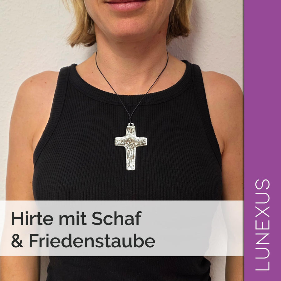 Cross Pendant Shepherd with Sheep and Dove, Metal, with Leather Cord and Pouch – view 6