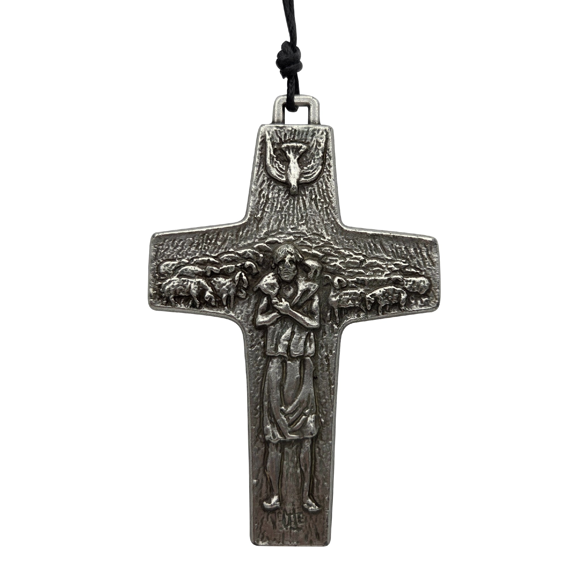 Kreuzanhänger mit Hirte, Schaf und Taube als silberfarbenes Reliefmotiv mit Lederband