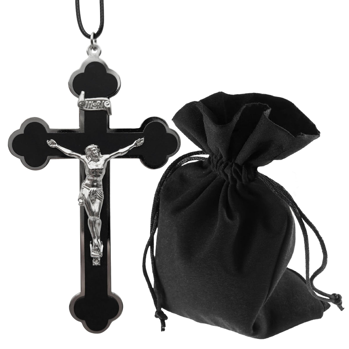 Collar crucifijo color nácar con cordón de cuero 10,5 cm – vista del producto