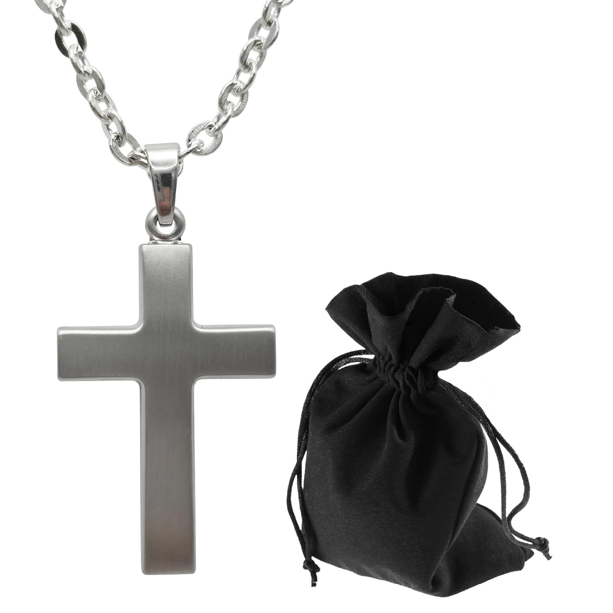 Collana con croce satinata in argento 925 con sacchetto di velluto – vista del prodotto