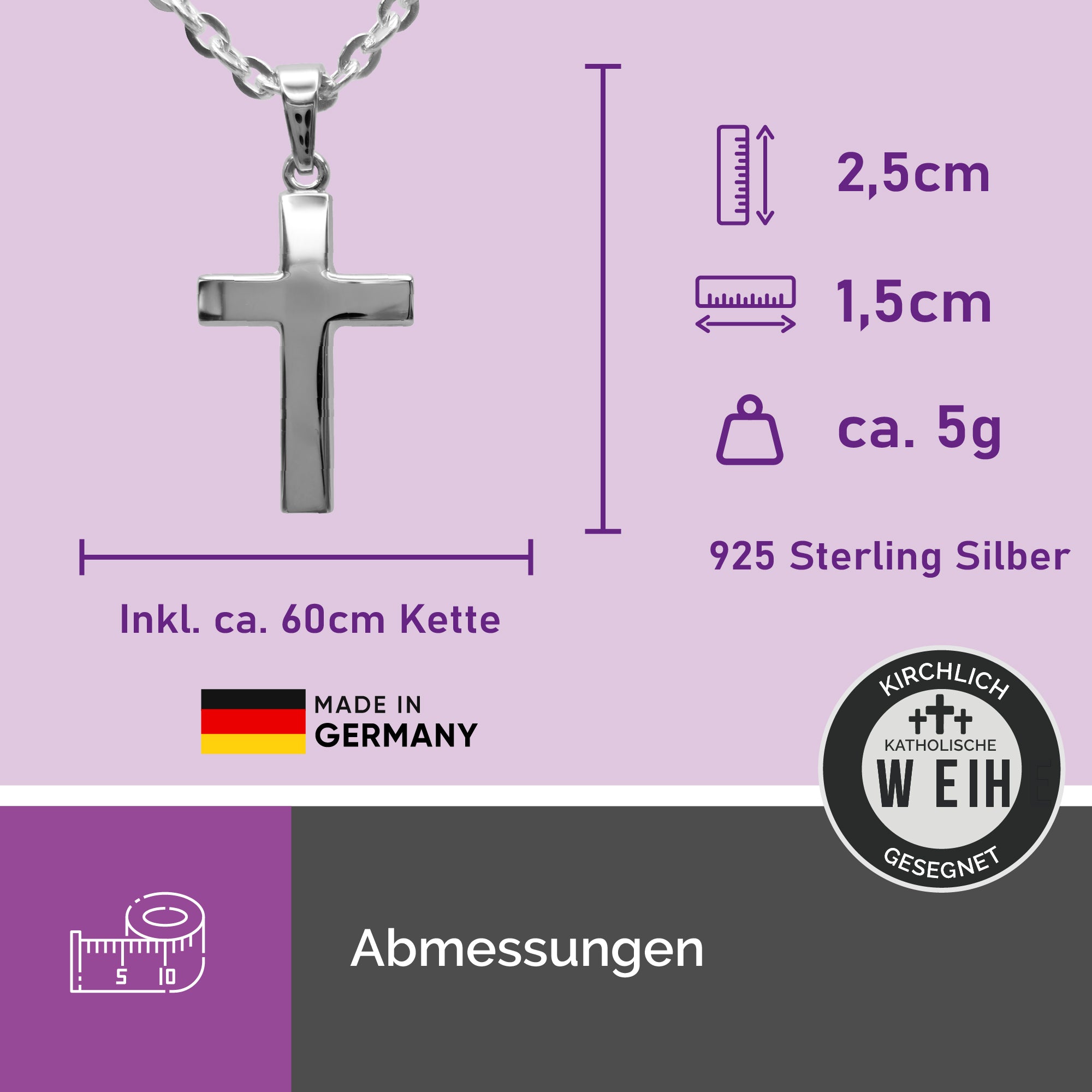 Maße Kreuzanhänger 925 Sterling Silber mit 60 cm Panzerkette