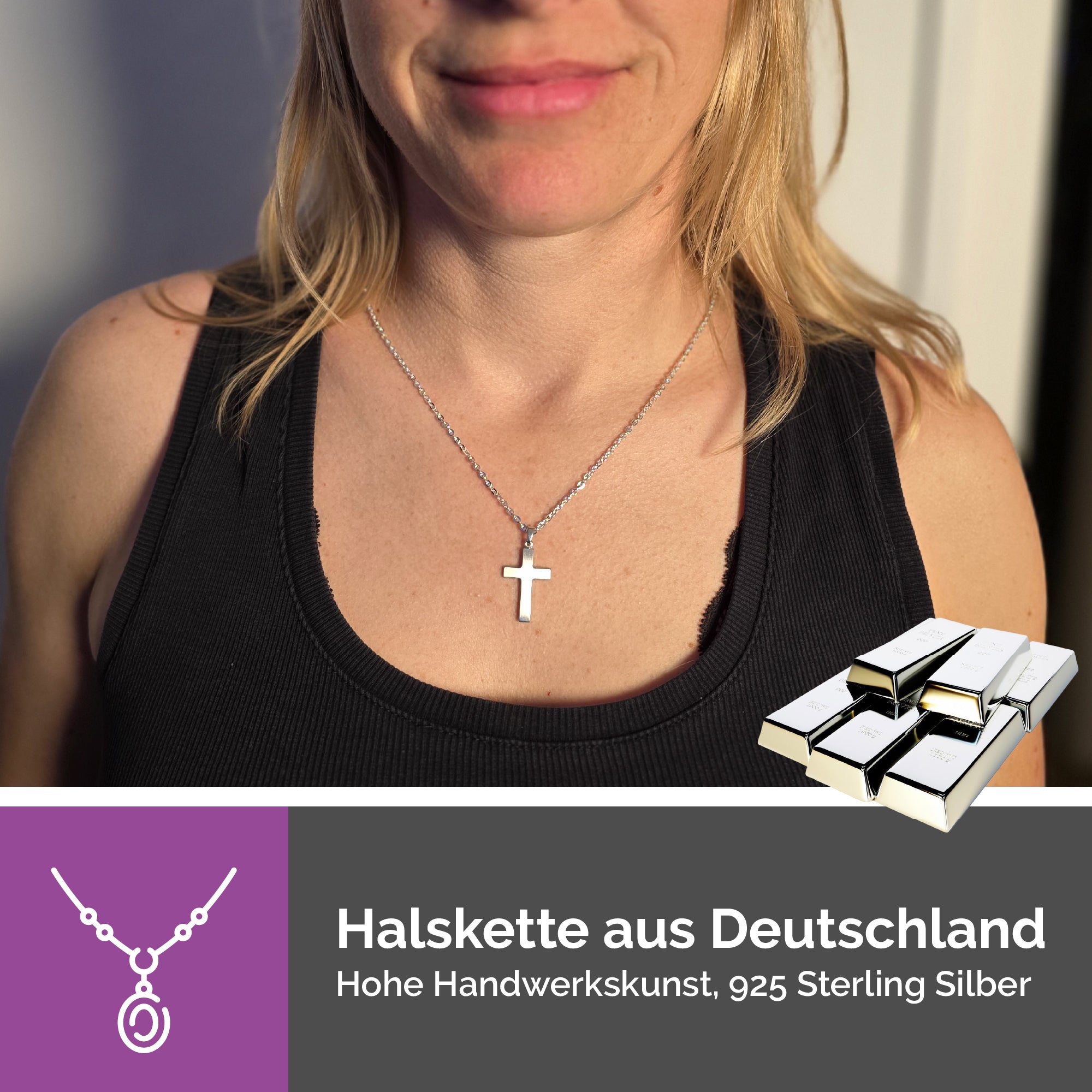 Getragene Kreuzkette aus 925 Sterling Silber matt gebürstet als religiöser Schmuck