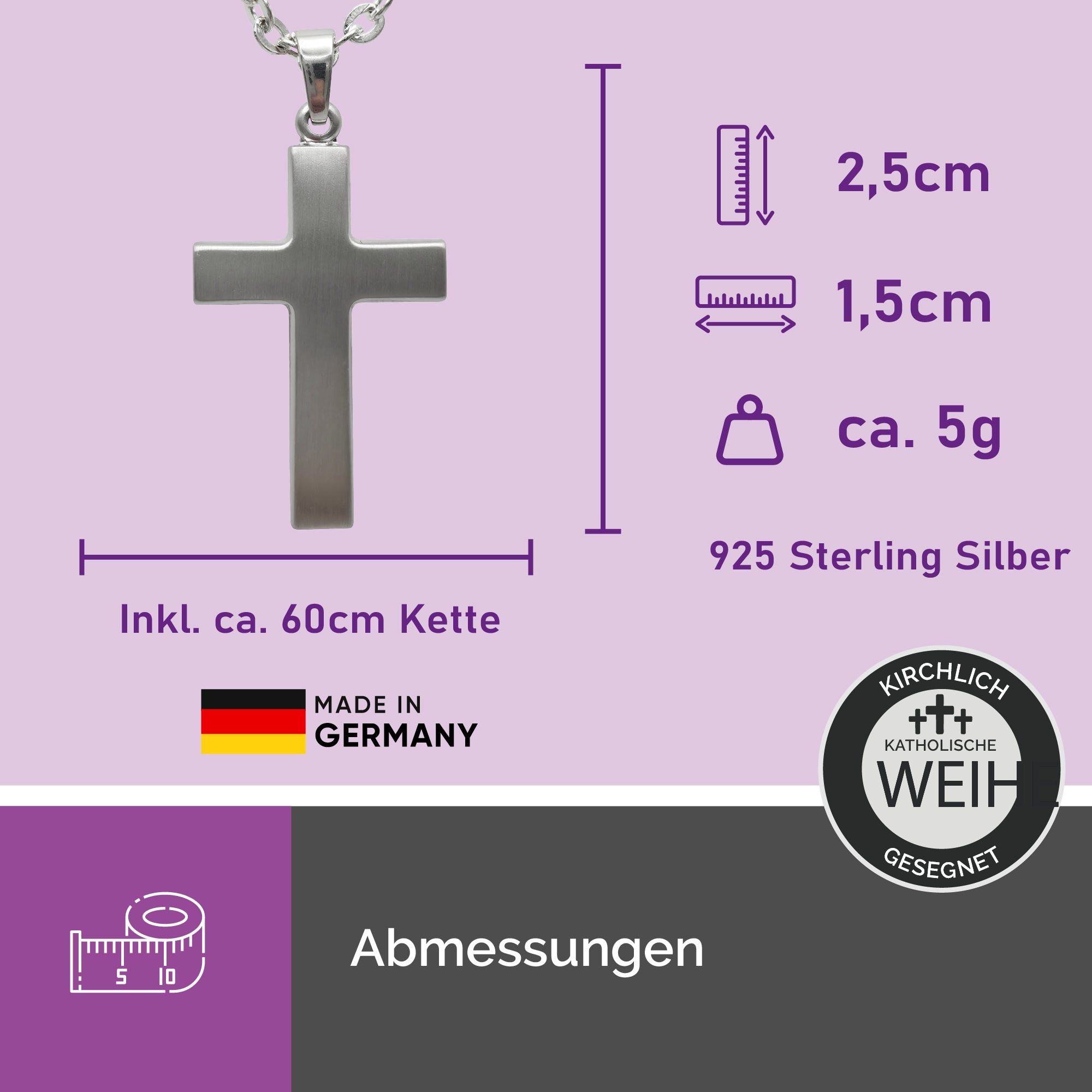 Maße Kreuzanhänger 925 Sterling Silber matt gebürstet mit 60 cm Kette
