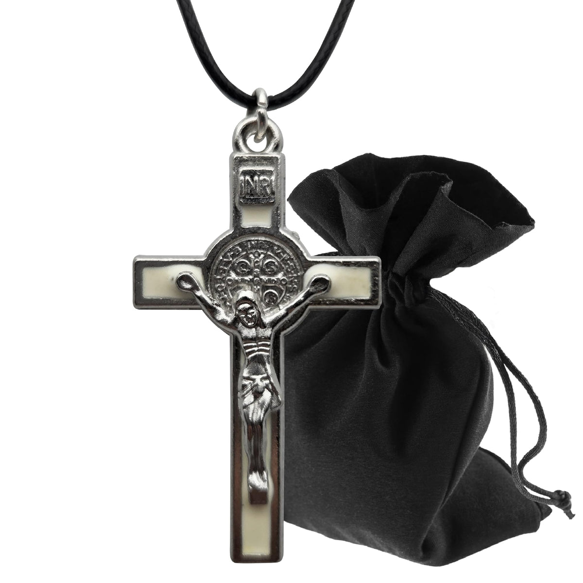 Collar crucifijo con medalla de San Benito 10,5 × 6,5 cm esmalte (esmalte marfil) – vista del producto