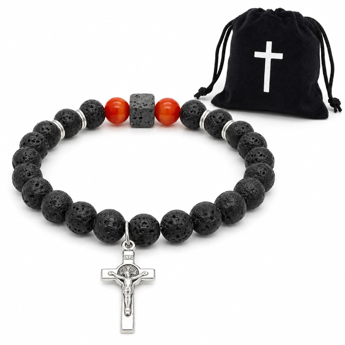 Pulsera de piedra de lava con crucifijo de San Benito 16 cm – bendecida (rojo (cornalina)) – vista del producto