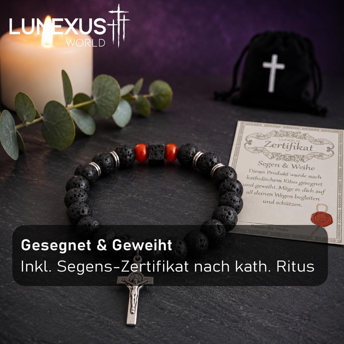 Pulsera de piedra de lava con crucifijo de San Benito 16 cm – bendecida – vista 4