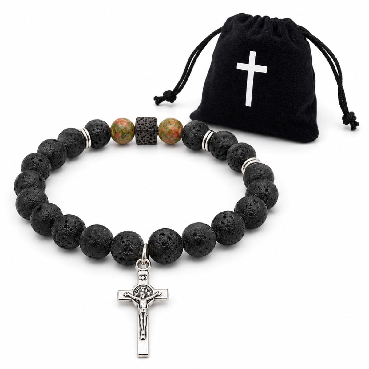 Pulsera de piedra de lava con crucifijo de San Benito 16 cm – bendecida (mármol) – vista del producto