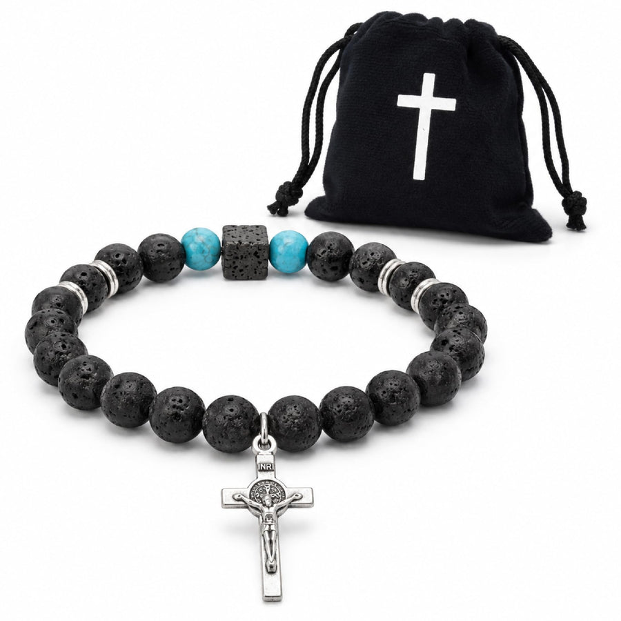 Bracciale in pietra lavica con crocifisso di San Benedetto 16 cm – benedetto (turchese (howlite)) – vista del prodotto