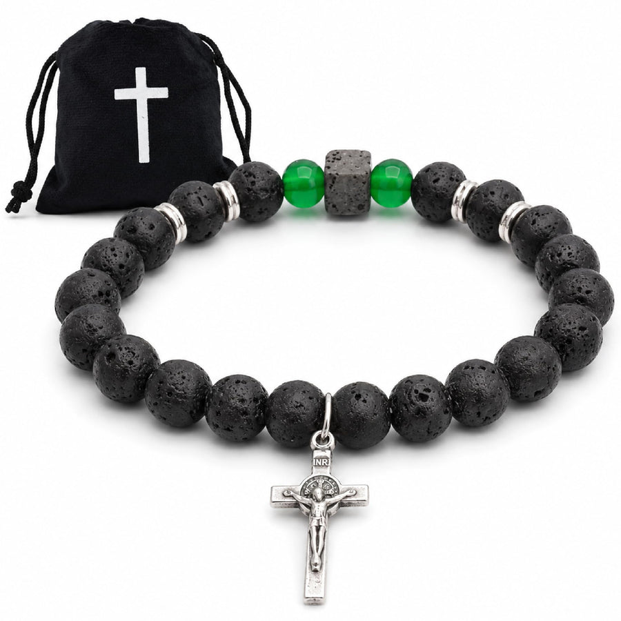 Bracciale in pietra lavica con crocifisso di San Benedetto 16 cm – benedetto (verde (giada verde)) – vista del prodotto