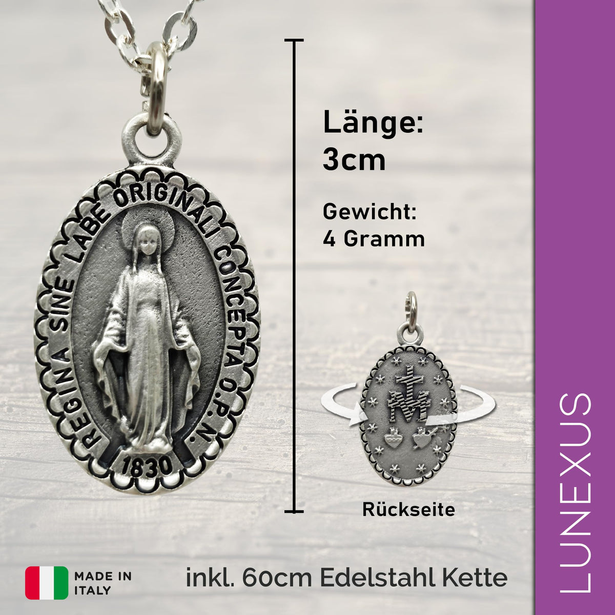 Collar mariano plata antigua mate, colgante 3 cm, 60 cm – bendecido – vista 2